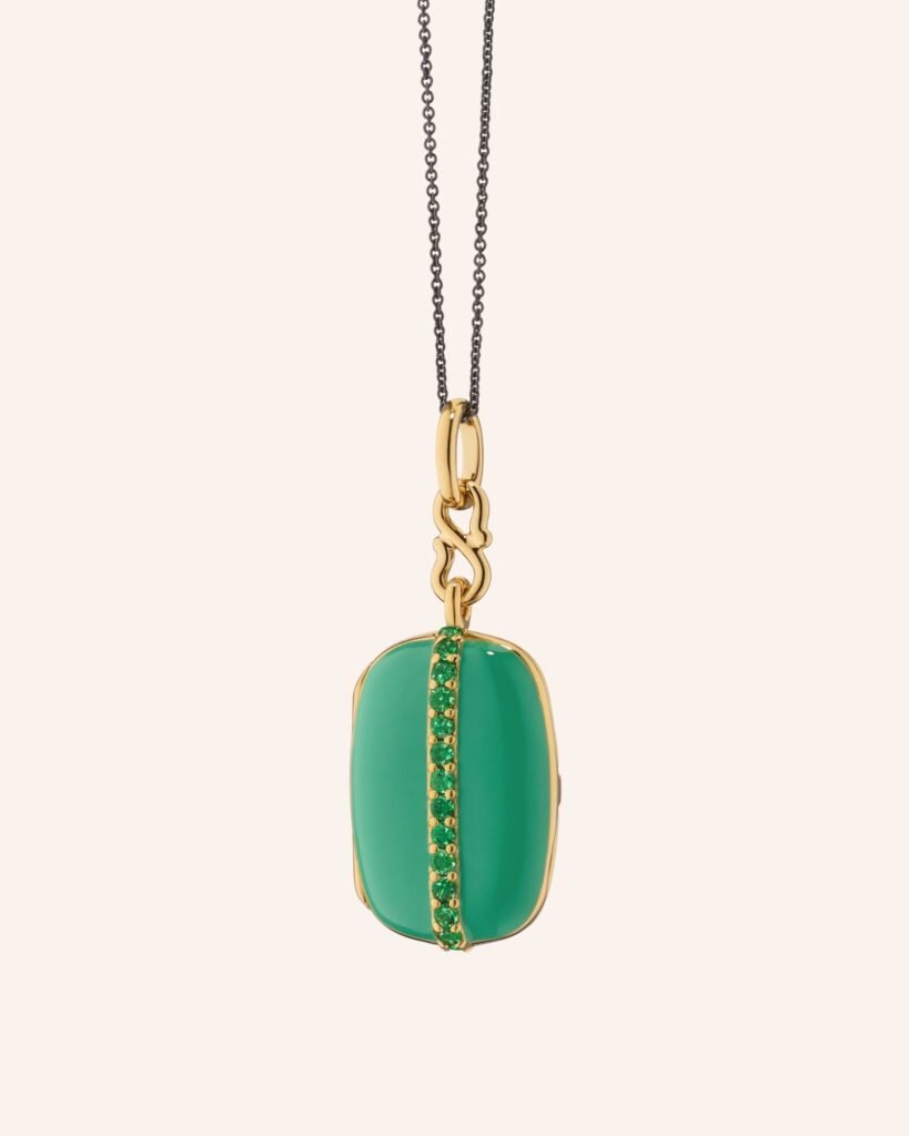 Green Enamel Vermeil Cushion Locket with Tsavorites